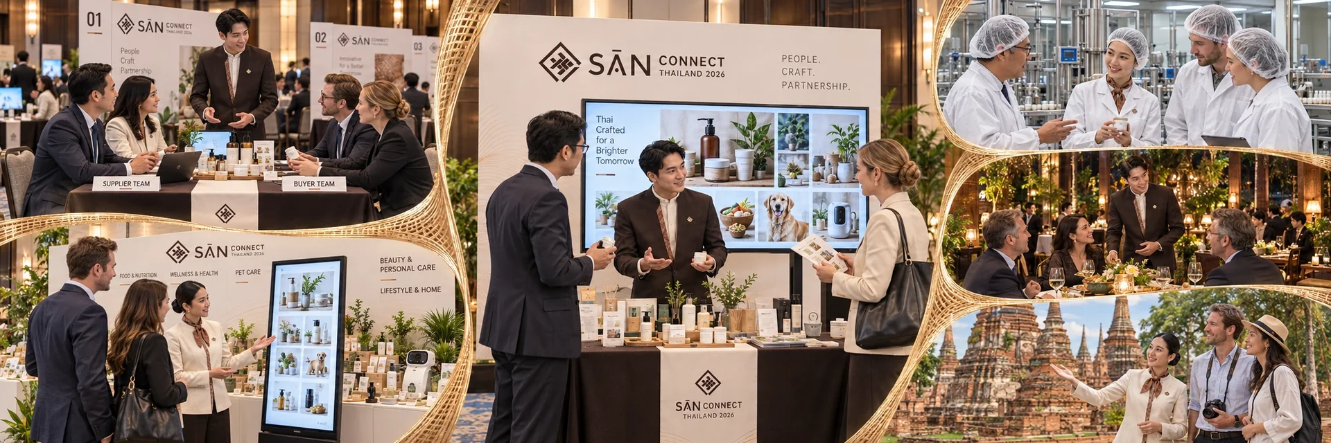 Illustrative detailed Buyer experiences: S02-style matching with a male SĀN host, Showcase and portrait catalogue kiosk with a female host, a dedicated product Demo with a male host, innovation visit with a female host in protective clothing, networking dinner with a male host, and Thai cultural visit with a female host.