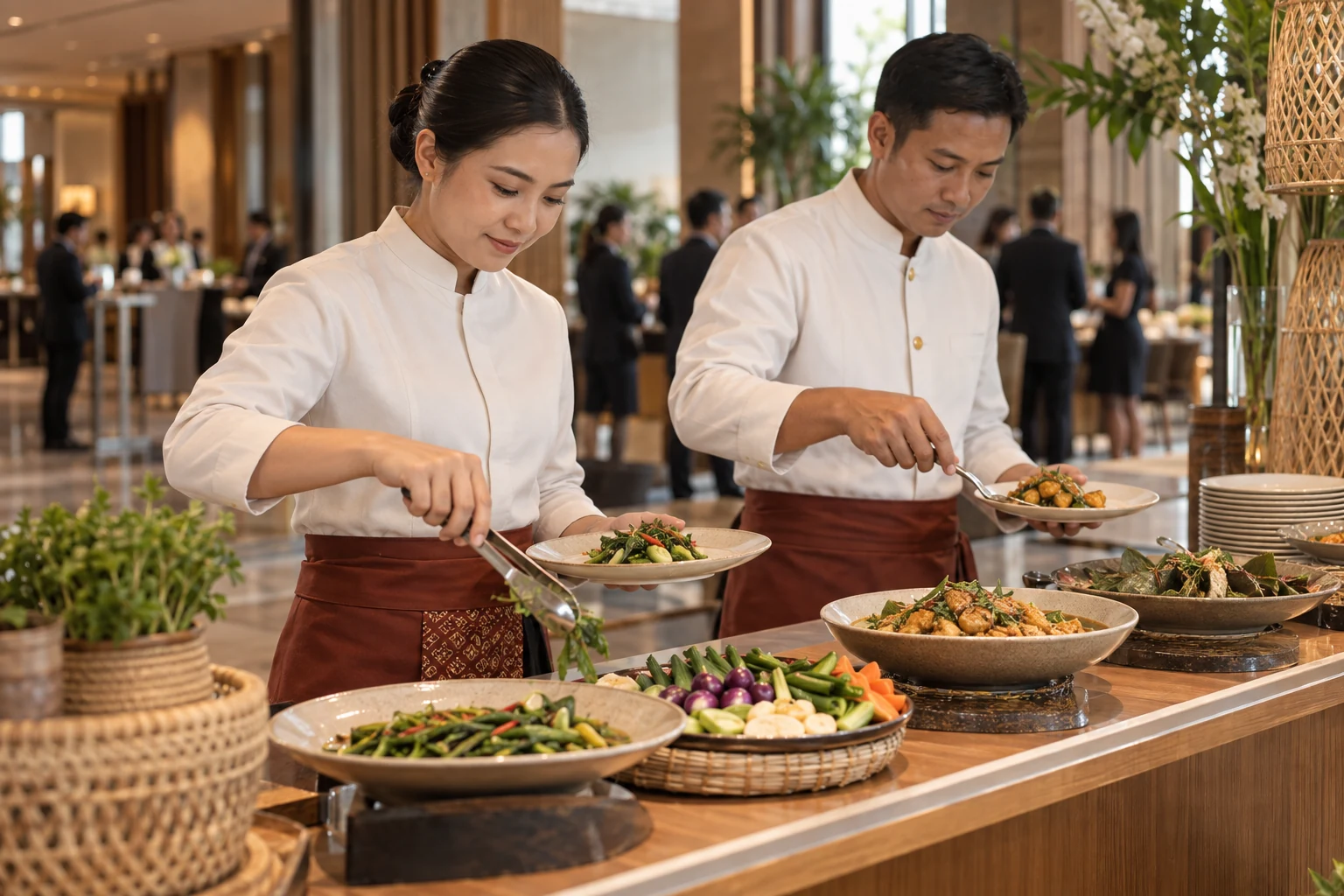 A catering team preparing modest portions on ceramic plates