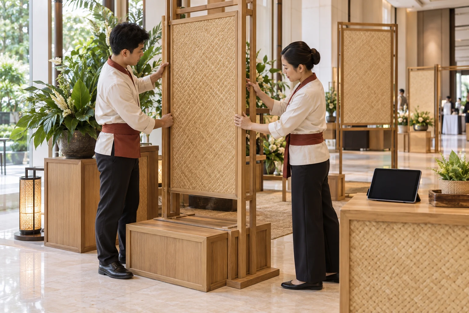 Staff assembling reusable wooden display panels
