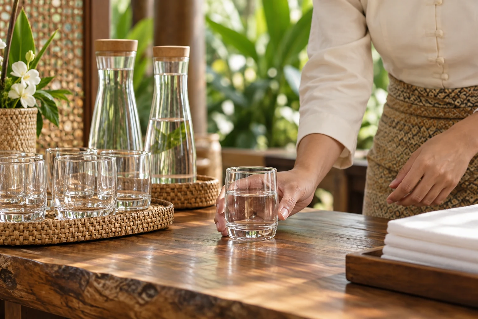 Reusable glasses and refill carafes on a hospitality counter
