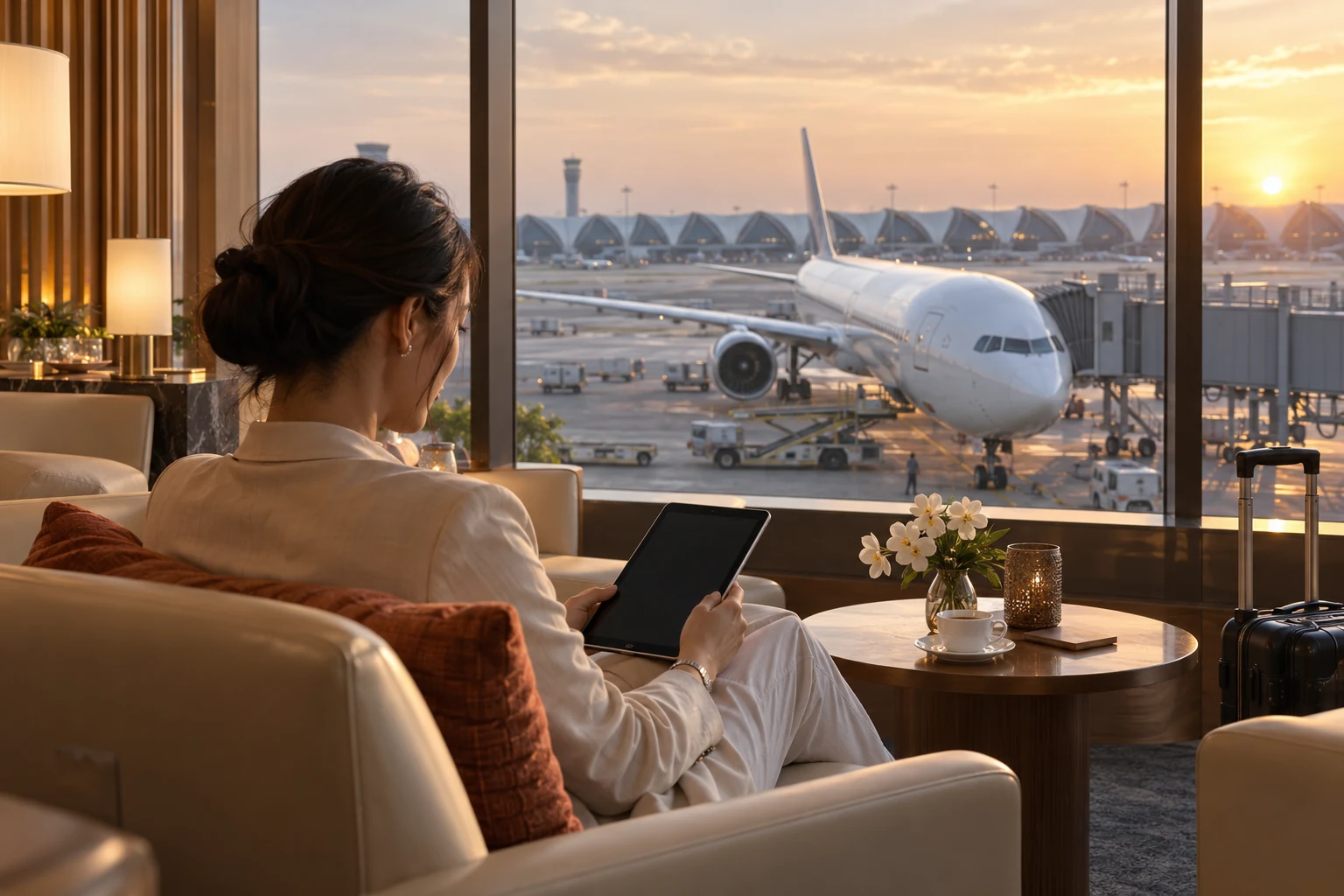 An airport travel planning scene with an aircraft at the gate