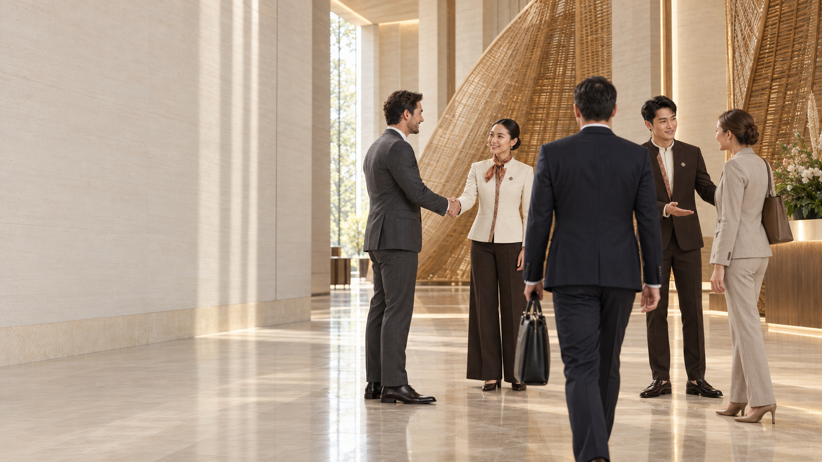 Five business guests and SĀN hosts greeting one another at the entrance to a contemporary Thai event hall.