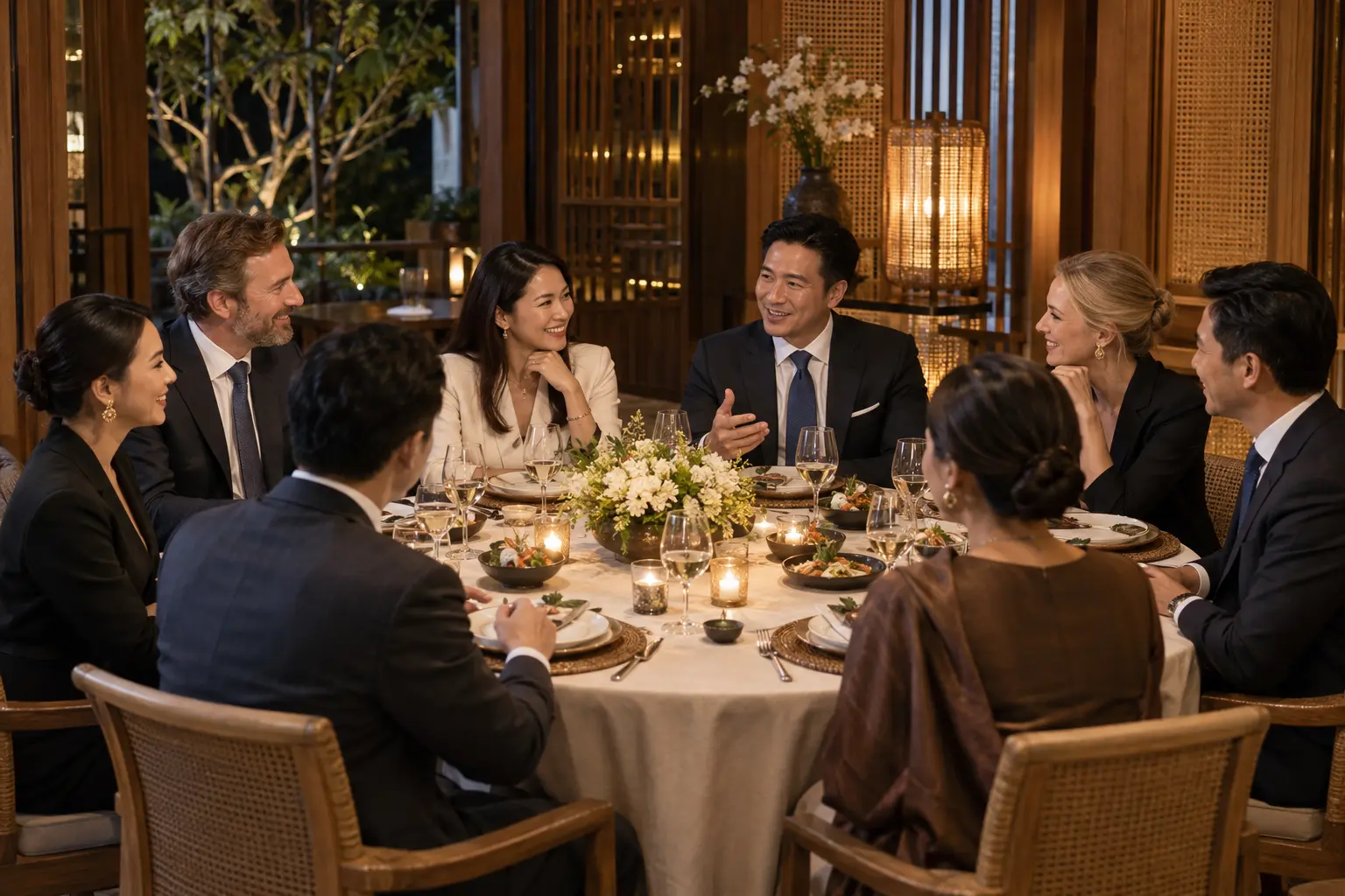 Illustrative Buyers and Thai business representatives talking over a networking dinner