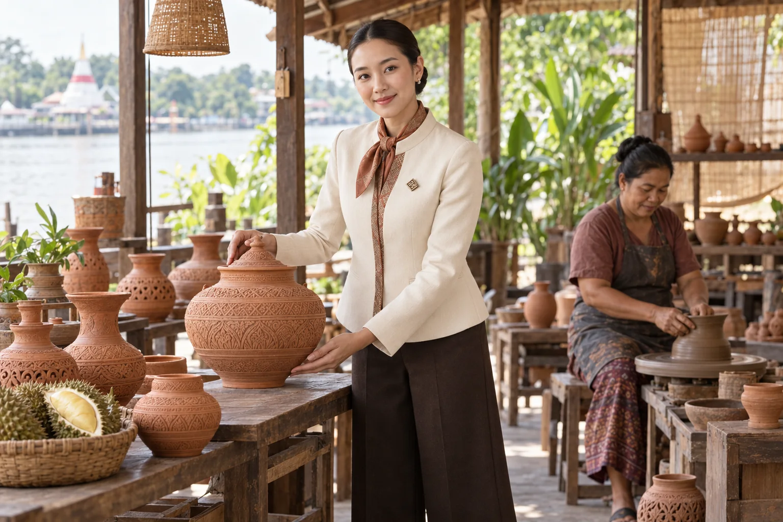 ภาพจำลอง: เจ้าหน้าที่ SĀN แนะนำเครื่องปั้นดินเผาเกาะเกร็ด · ทุเรียนนนท์ ในนนทบุรี