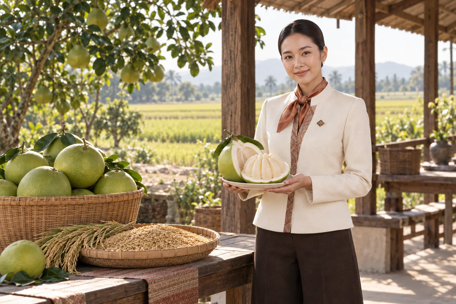 ภาพจำลอง: เจ้าหน้าที่ SĀN แนะนำส้มโอขาวแตงกวา · ข้าวชัยนาท ในชัยนาท