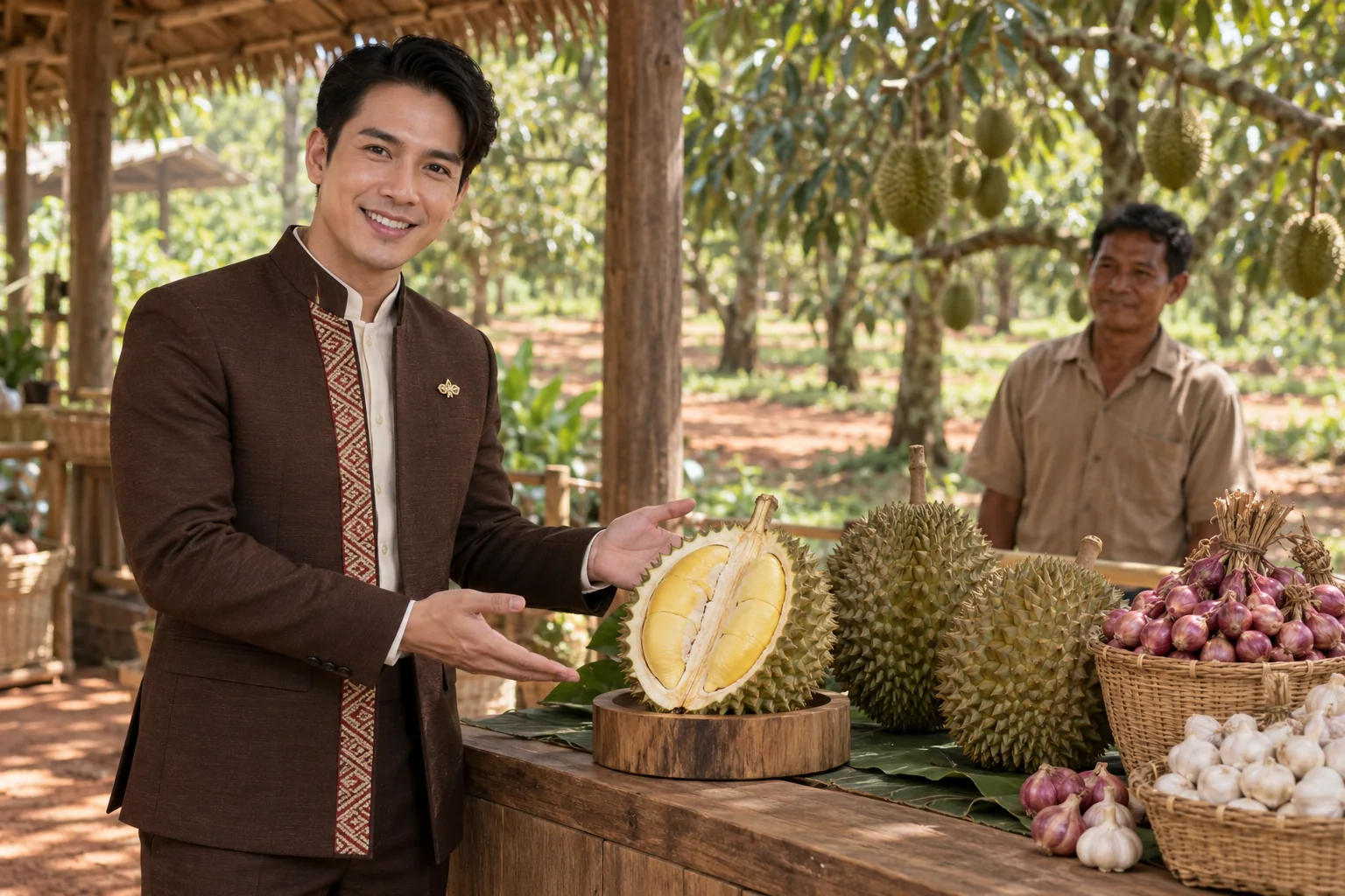 ภาพจำลอง: เจ้าหน้าที่ SĀN แนะนำทุเรียนภูเขาไฟ · หอมแดง · กระเทียม ในศรีสะเกษ