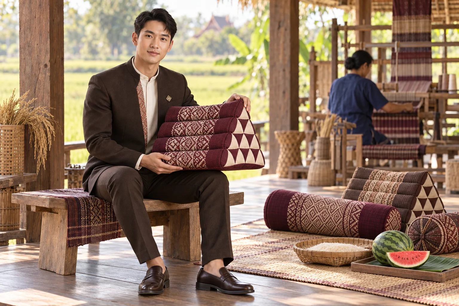 ภาพจำลอง: เจ้าหน้าที่ SĀN แนะนำหมอนขิด · ข้าว · แตงโม ในยโสธร