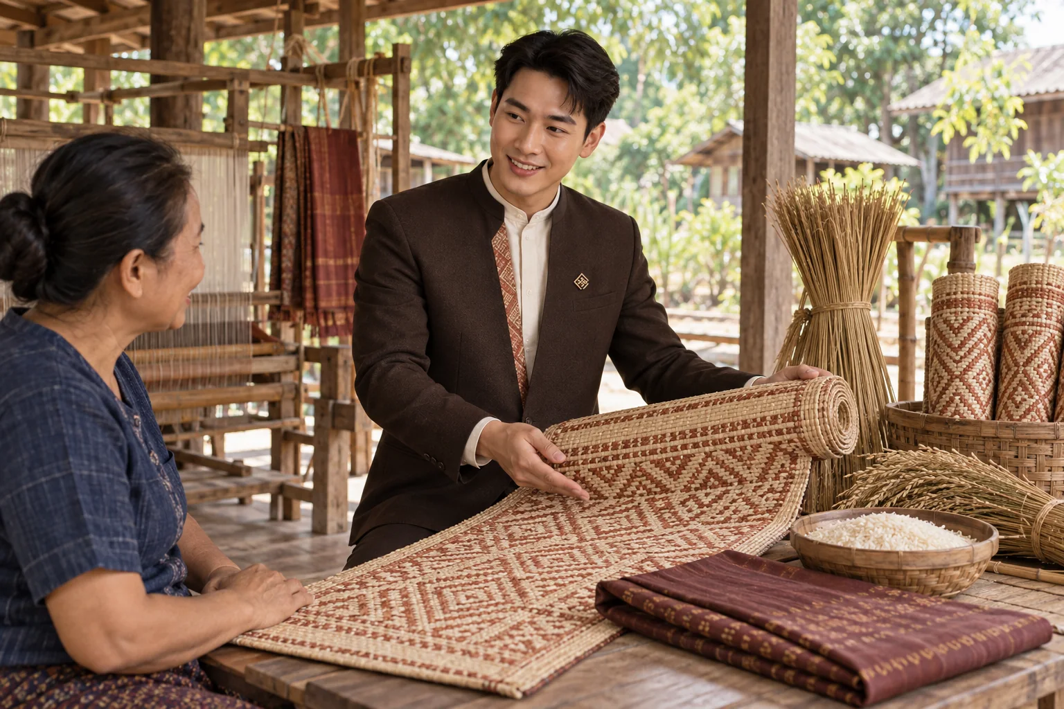 ภาพจำลอง: เจ้าหน้าที่ SĀN แนะนำข้าวหอมมะลิ · ผ้าไหม · เสื่อกก ในอำนาจเจริญ