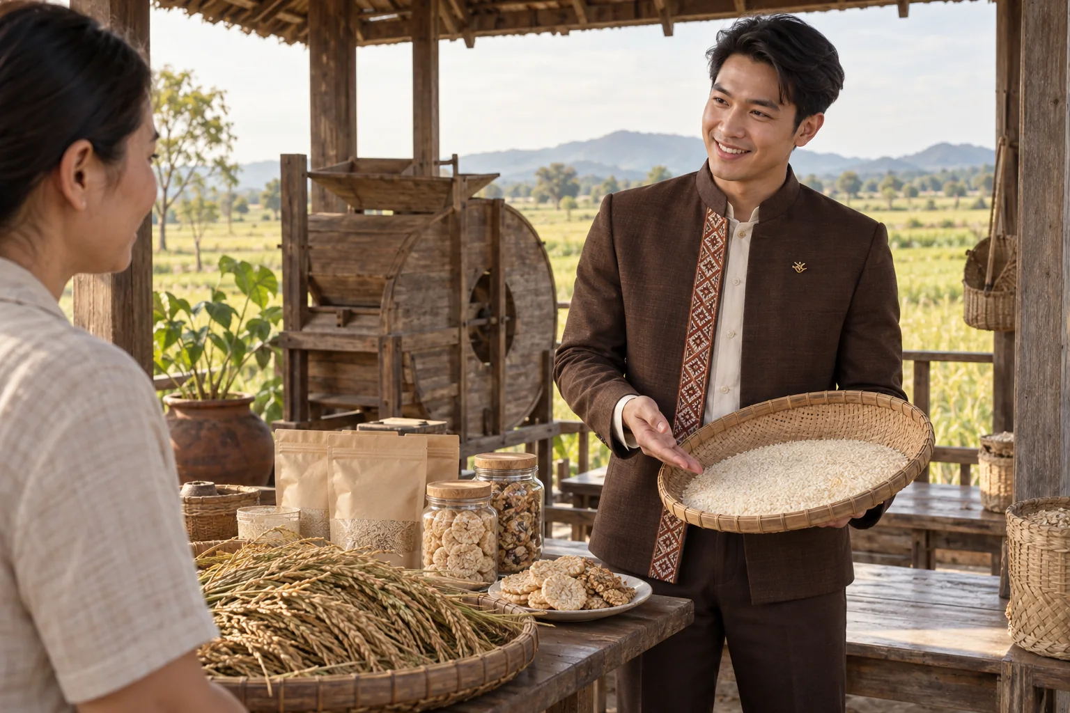 ภาพจำลอง: เจ้าหน้าที่ SĀN แนะนำข้าว · ผลิตภัณฑ์เกษตรแปรรูป ในหนองบัวลำภู
