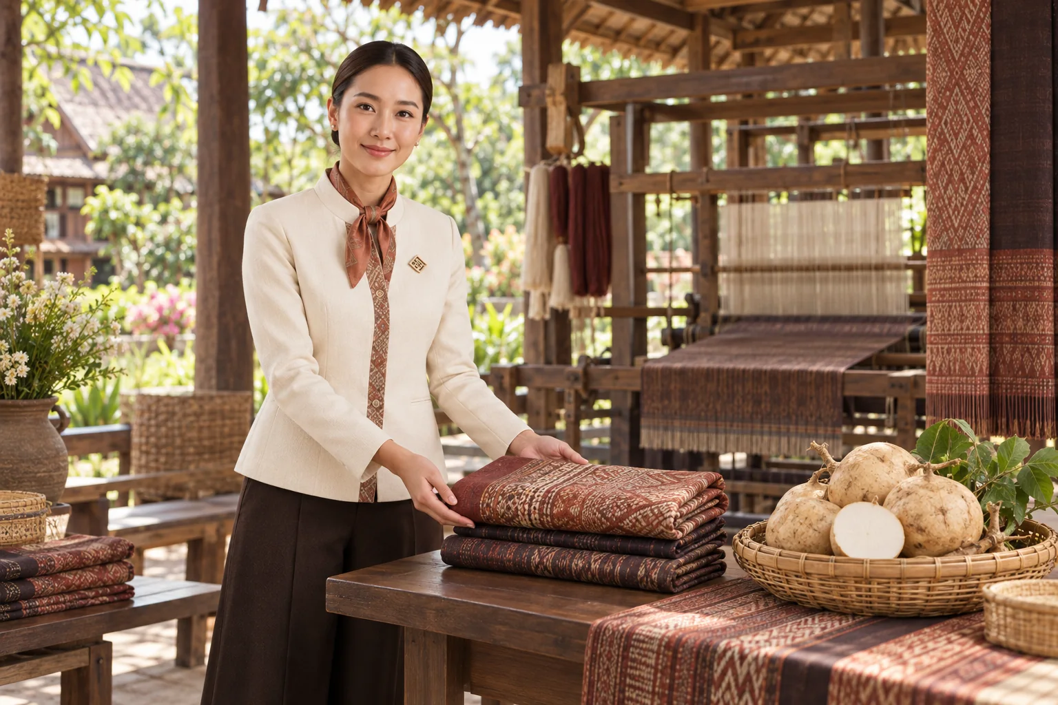 ภาพจำลอง: เจ้าหน้าที่ SĀN แนะนำผ้าไหม · มันแกวบรบือ ในมหาสารคาม