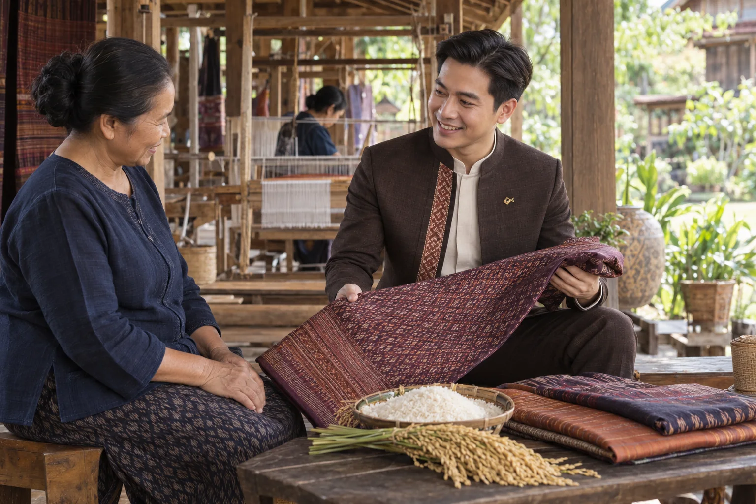 ภาพจำลอง: เจ้าหน้าที่ SĀN แนะนำข้าวหอมมะลิ · ผ้าไหมสาเกต ในร้อยเอ็ด