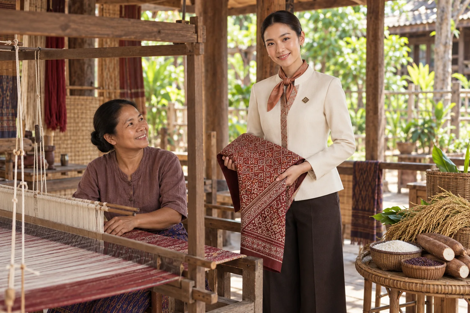ภาพจำลอง: เจ้าหน้าที่ SĀN แนะนำผ้าไหมแพรวา · ข้าว · มันสำปะหลัง ในกาฬสินธุ์