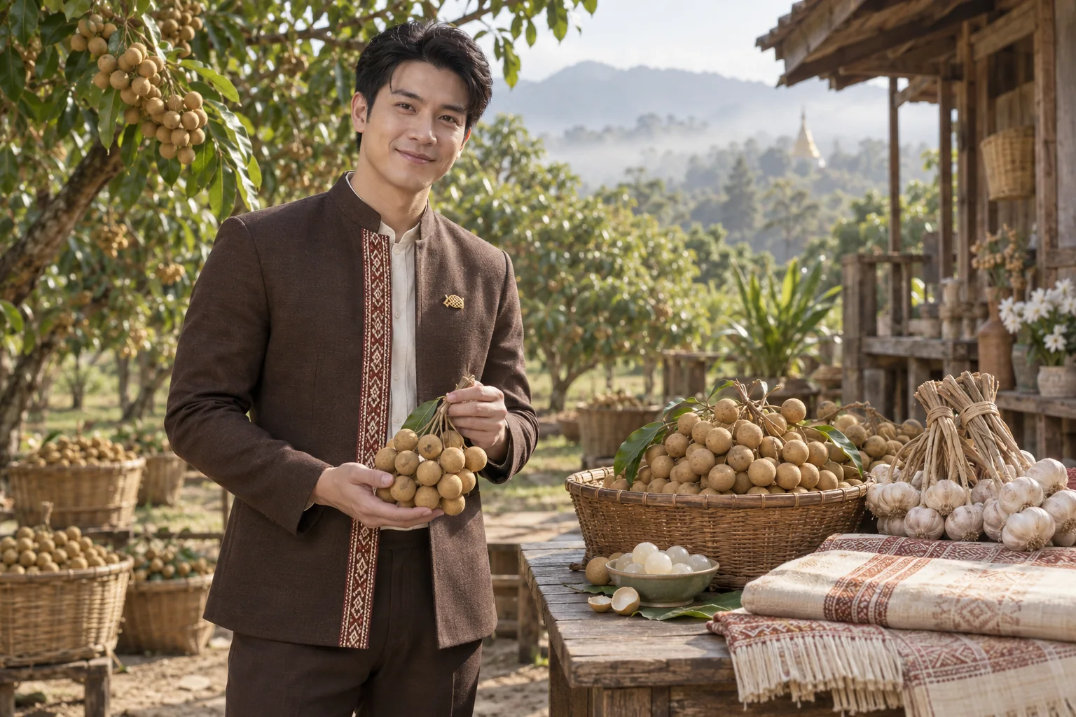 ภาพจำลอง: เจ้าหน้าที่ SĀN แนะนำลำไย · กระเทียม · ผ้าทอ ในลำพูน