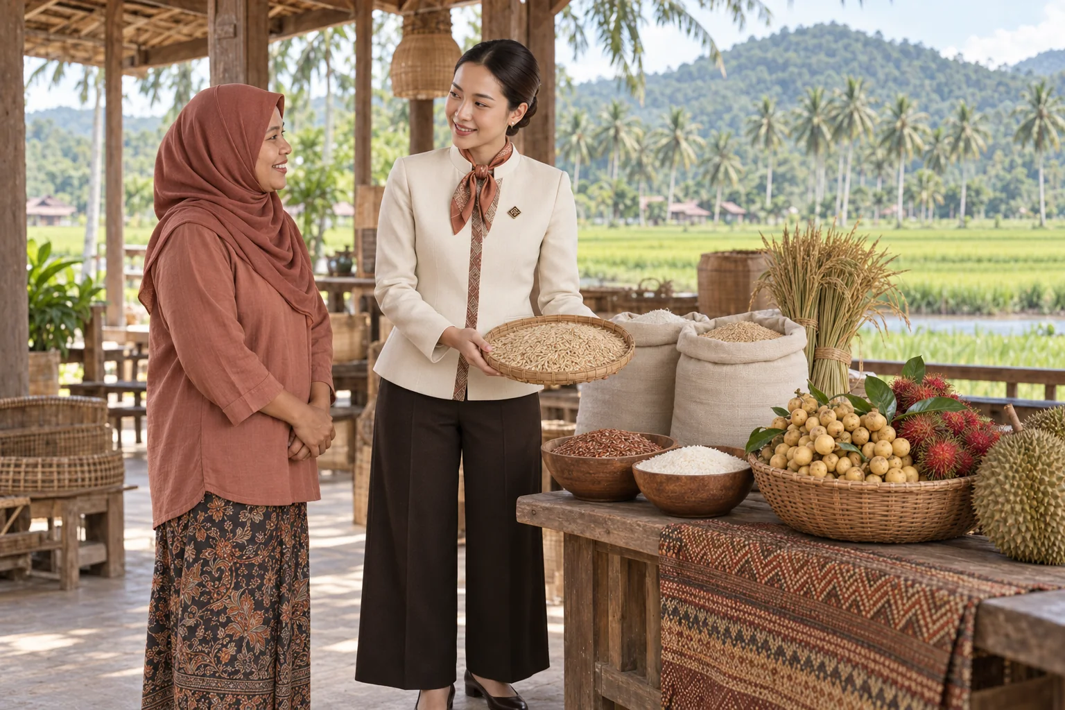 ภาพจำลอง: เจ้าหน้าที่ SĀN แนะนำข้าวหอมกระดังงา · ผลไม้ท้องถิ่น ในนราธิวาส