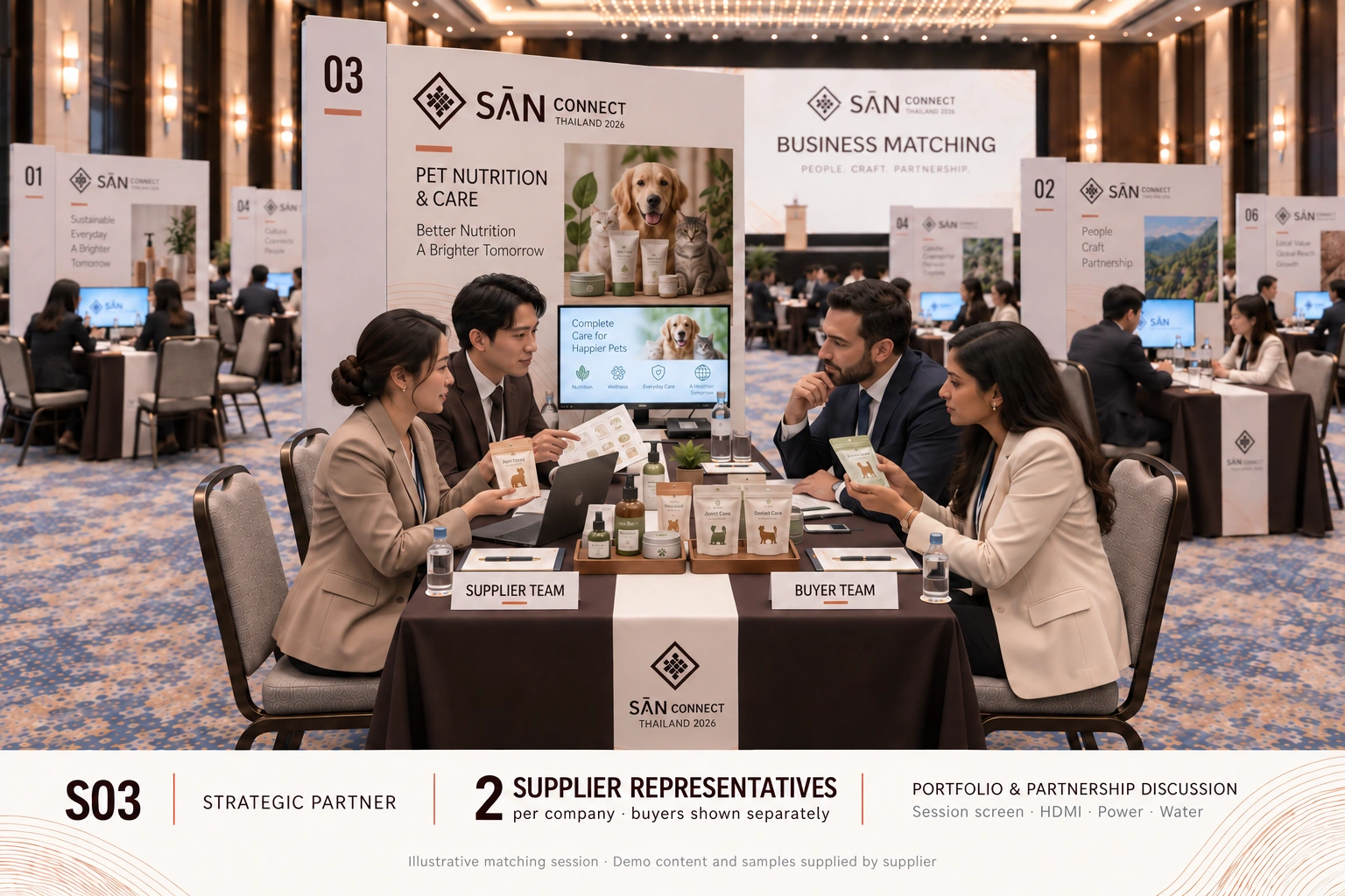 Illustrative S03 business meeting with two Thai Supplier representatives and Buyers reviewing an offer.