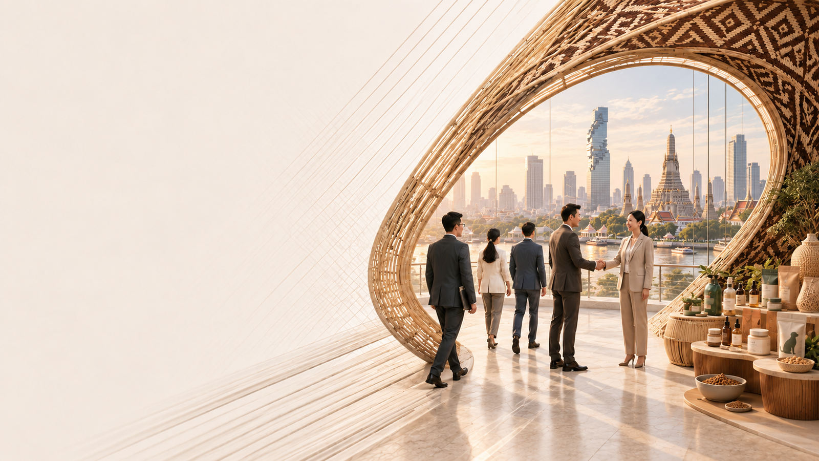 Wellness, food, pet care, beauty and craft displays, with five professionals greeting in a woven hall and an illustrative Bangkok skyline with Mahanakhon and a Thai temple
